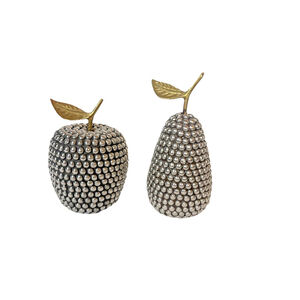 Vintage Brass Silver Tone Studded Apple Pear Decor Fruit Set Hollywood Regency